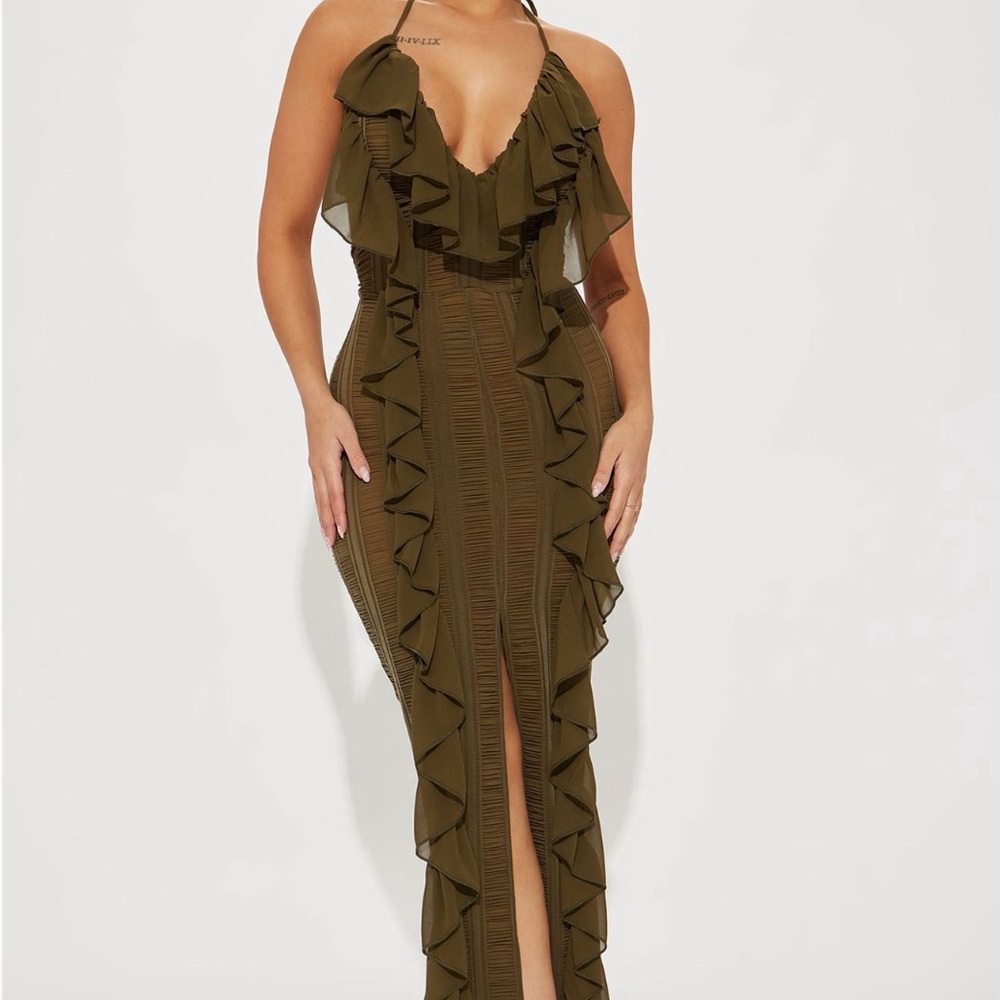 Fashion Nova Strapless Olive Dress with Ruffles